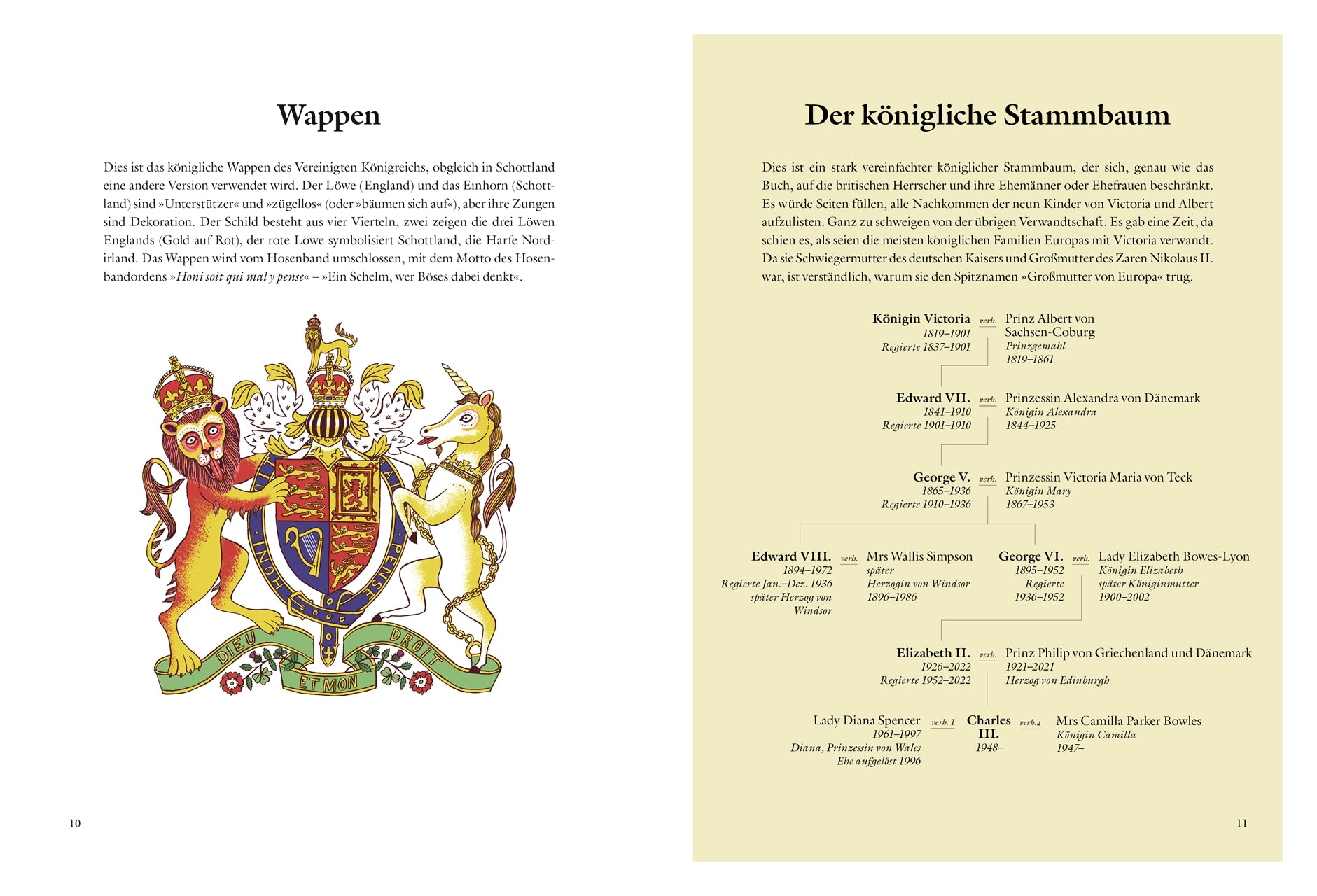 Eine lebendige Illustration des königlichen Wappens Großbritanniens mit Löwe und Einhorn, deutscher Text über die britischen Royals und ein Stammbaumdiagramm auf Hellgelb, aus "Zu Tisch bei den Royals" vom DK Verlag.
