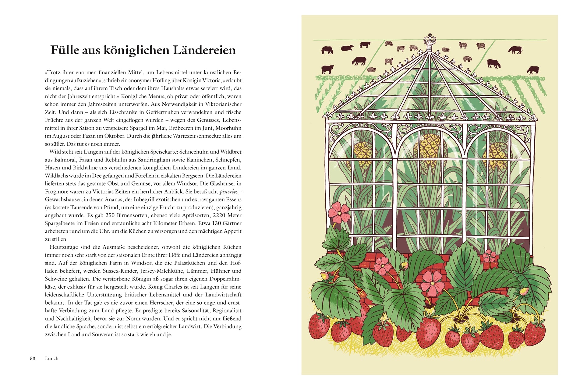 Ein illustriertes Gewächshaus mit hohen Pflanzen, großen Erdbeeren und grünen Blättern. Kühe und Schafe grasen auf einer gelben Wiese unter einem hellen Himmel. Auf der linken Seite erscheint ein deutscher Text über "Zu Tisch bei den Royals" vom DK Verlag.