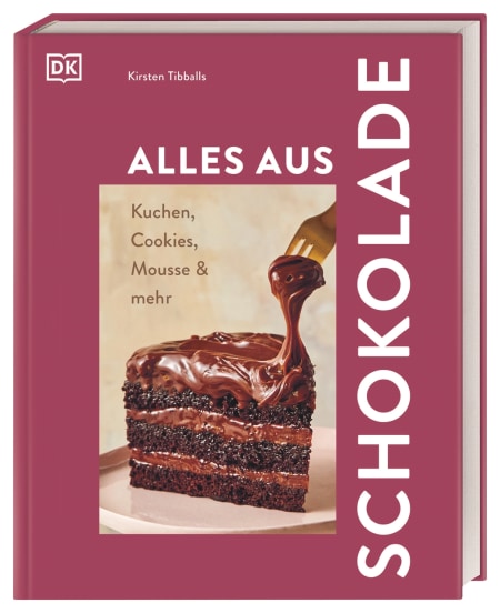Das Cover von „Alles aus Schokolade“ des DK Verlags zeigt ein Stück reichhaltigen Schokoladenkuchen mit glänzendem Überzug, der mit einer Gabel aufgespießt wird. Auf einem kastanienbraunen Hintergrund sind köstliche Schokoladenkreationen zu sehen.