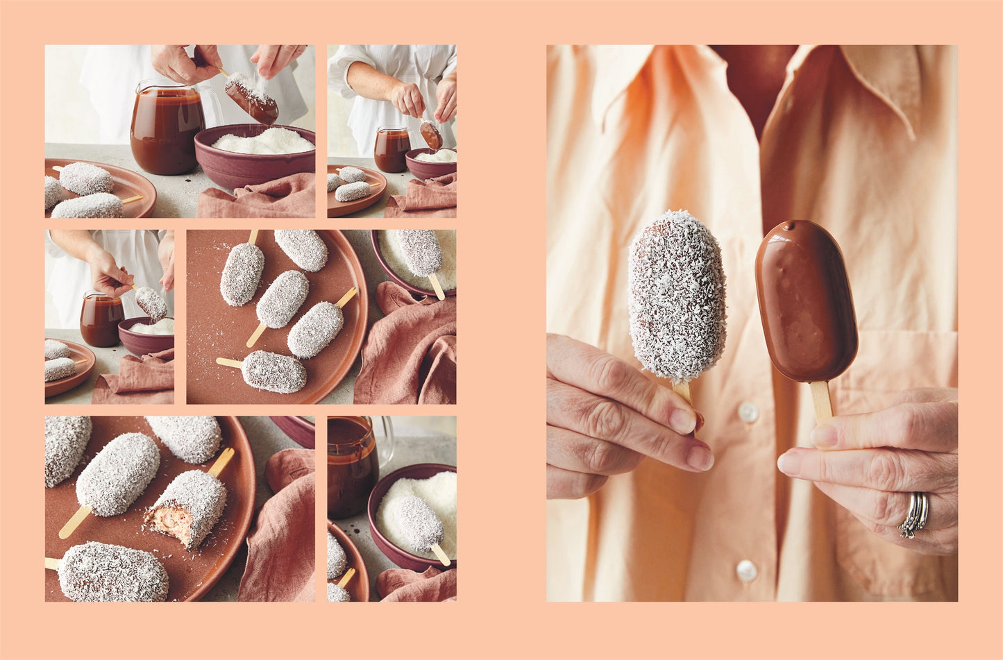 Inspiriert von „Alles aus Schokolade“ vom DK Verlag zeigt diese Collage die Herstellung von in Schokolade getauchten Eisriegeln – sie werden mit Schokolade überzogen, in Kokosnuss gewälzt und diese Leckereien werden von jemandem in einem hellen Hemd in der Hand präsentiert.