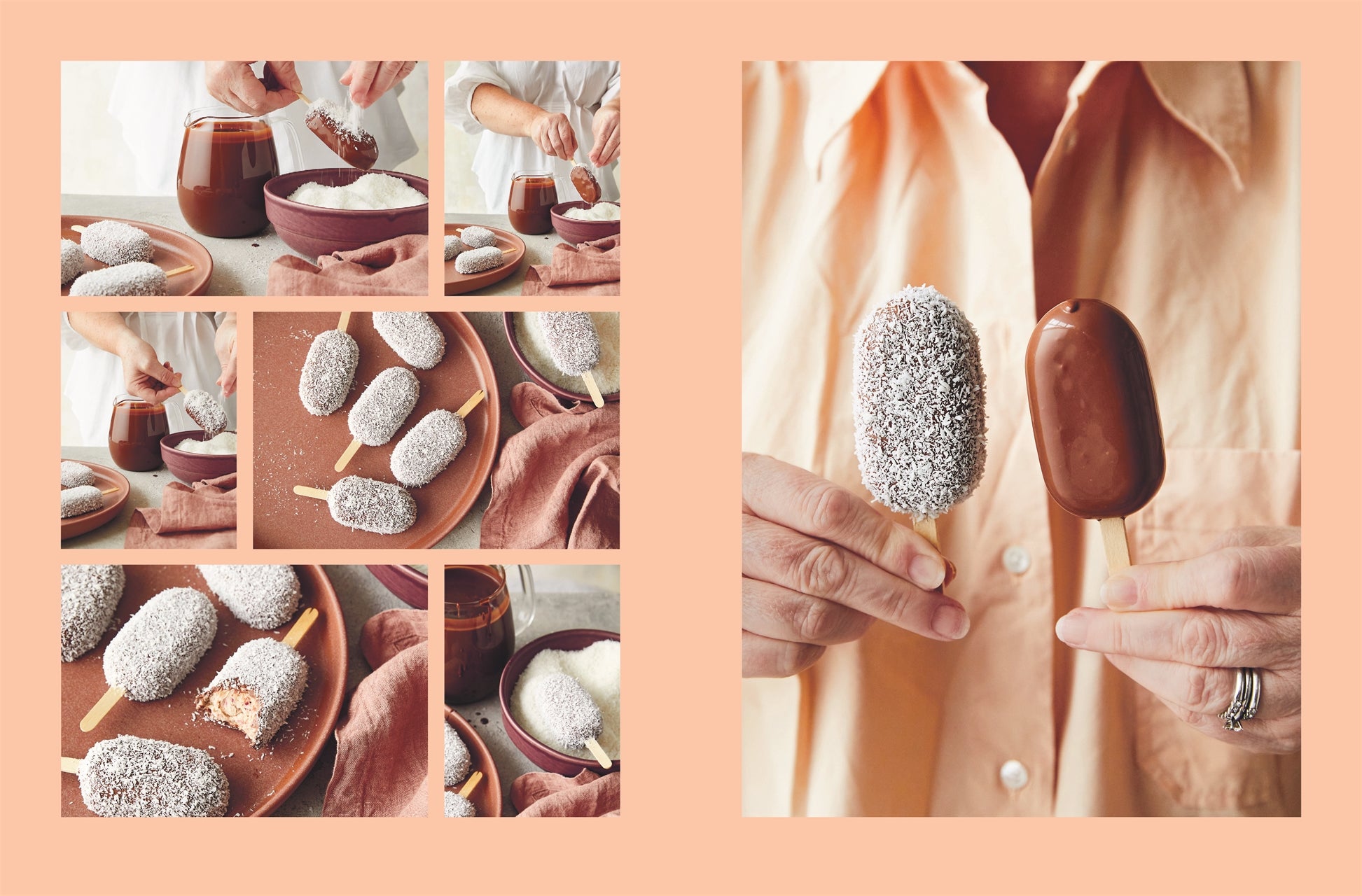 Inspiriert von „Alles aus Schokolade“ vom DK Verlag zeigt diese Collage die Herstellung von in Schokolade getauchten Eisriegeln – sie werden mit Schokolade überzogen, in Kokosnuss gewälzt und diese Leckereien werden von jemandem in einem hellen Hemd in der Hand präsentiert.