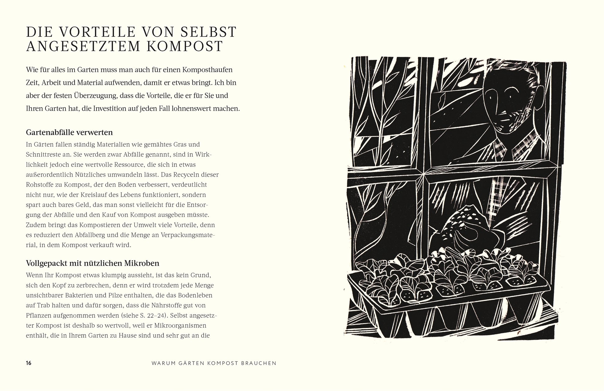 Schwarz-Weiß-Illustration einer lächelnden Person in einer Jacke, die durch ein Fenster auf Pflanzschalen blickt. Der Text beleuchtet Charles Dowdings Kompost-Tipps vom Dk Verlag für nachhaltiges Gärtnern und gesündere Gartenerde.