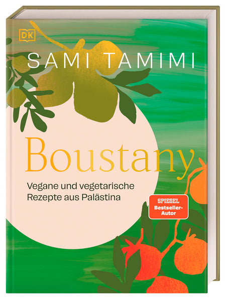 Das Boustany Kochbuch von DK Verlag zeigt illustrierte grüne und orange Früchte mit Blättern auf grün-gelbem Cover. Enthält vegetarische und vegane Rezepte aus der palästinensischen Küche.