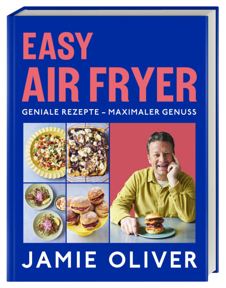 Buchumschlag von Easy Air Fryer vom DK Verlag. Mit Fotos von Heißluftfritteuse-Gerichten und einem lächelnden Koch an einem Tisch. Untertitel: Geniale Rezepte - Maximaler Genuss. Blauer Hintergrund mit fettgedrucktem Titeltext.