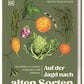 Buchcover von Auf der Jagd nach alten Sorten aus dem DK Verlag, mit illustrierten Gemüsesorten - Karotten, Blumenkohl, Auberginen, Erbsenschoten und Rüben - auf Grün. Ein charmanter Leitfaden für alle, die sich für den Gemüseanbau interessieren.