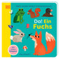 Natur-Entdeckerbuch: Da! Ein Fuchs vom DK Verlag ist ein deutsches Pappbilderbuch für Kinder mit Illustrationen von Waldtieren wie Fuchs, Kaninchen, Frosch, Eichhörnchen, Maulwurf, Schmetterlingen und einem Pilz.
