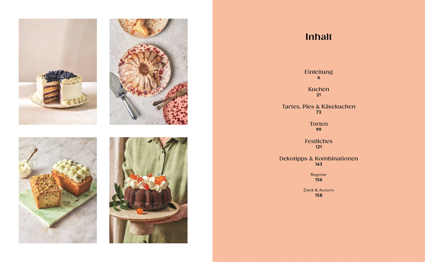 Auf der linken Seite sind vier Bilder von Kuchen aus "Kleine Kuchen" des DK Verlags in einem Raster angeordnet; auf der rechten Seite zeigt ein pfirsichfarbener Hintergrund das deutsche Inhaltsverzeichnis mit Kategorien wie vegane und glutenfreie Kuchen, Kuchen, Torten und Festliches.