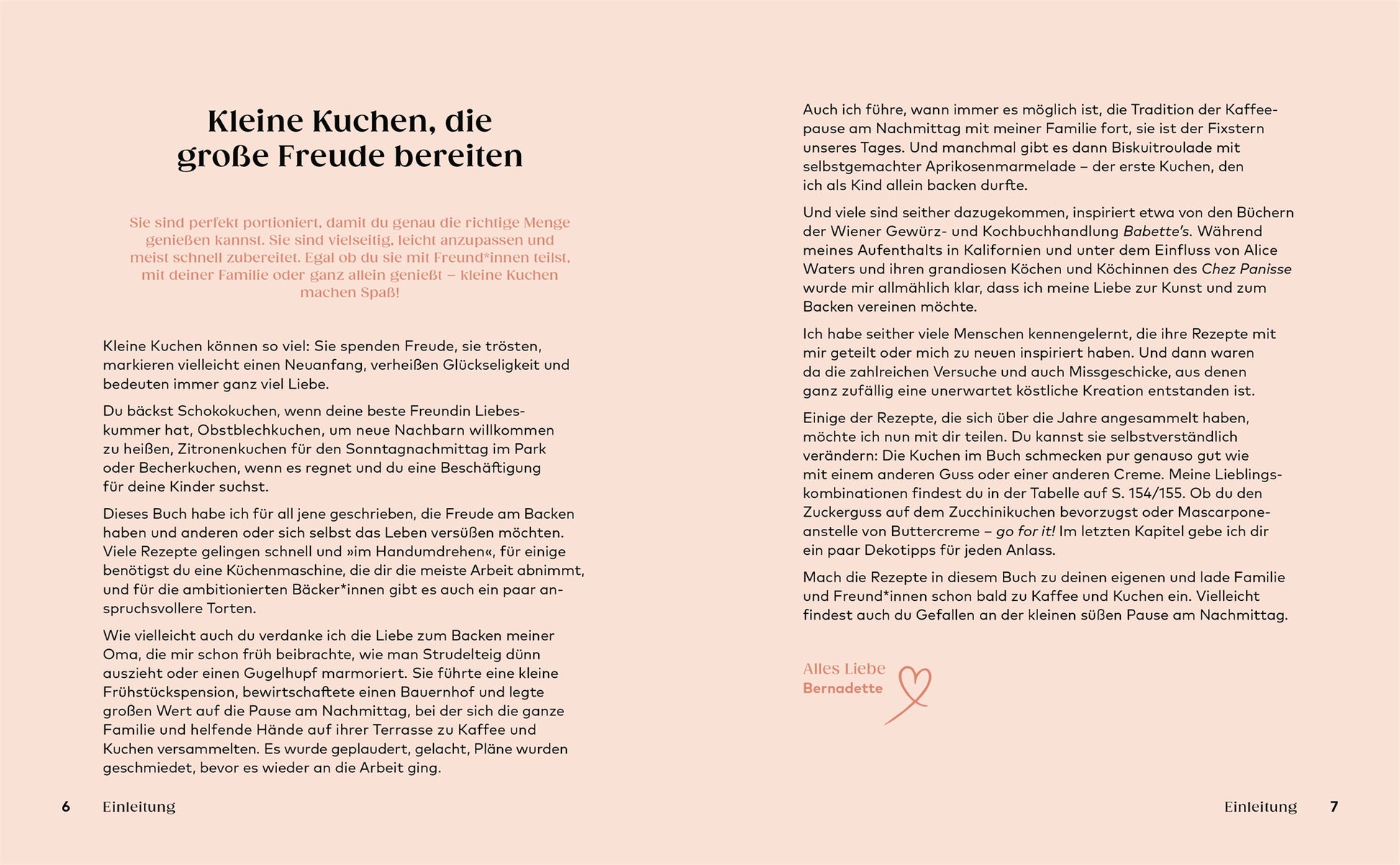 Das DK Verlagsbuch "Kleine Kuchen" präsentiert Mini-Kuchen Rezepte-darunter vegane & glutenfreie Optionen-in zwei Spalten mit Herz-Quirl-Illustration und Seitenzahlen 6/7 unten.