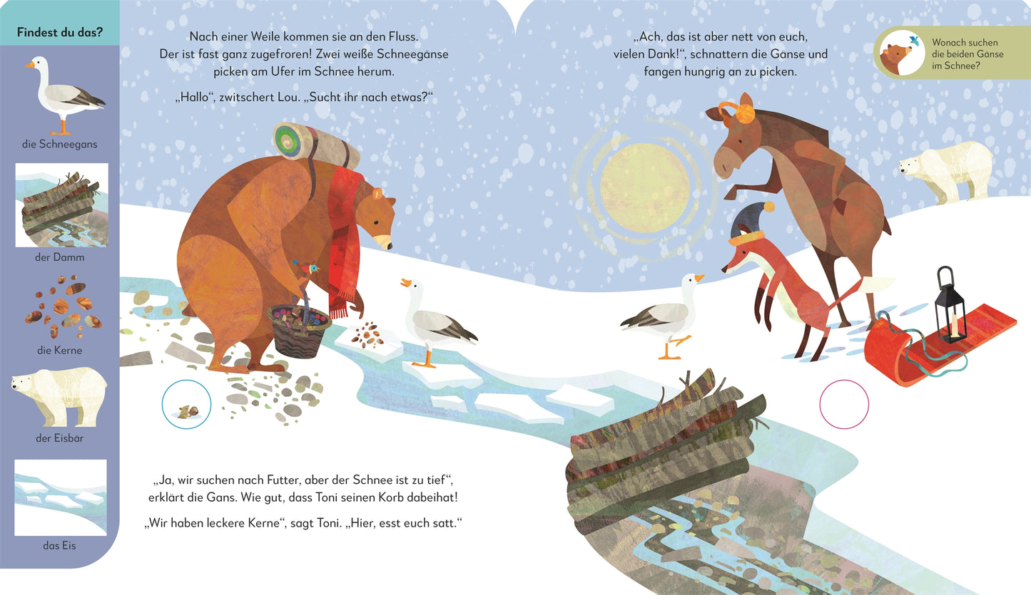 In "Toni & Lou. Eine Nacht im Winterwald" aus dem DK Verlag treffen sich ein Bär und zwei Kraniche an einem verschneiten Fluss - der eine auf Eis, der andere mit einem Schlitten - perfekt für Fans von interaktiven Suchbildern und Suchbuch Kinder Abenteuer.