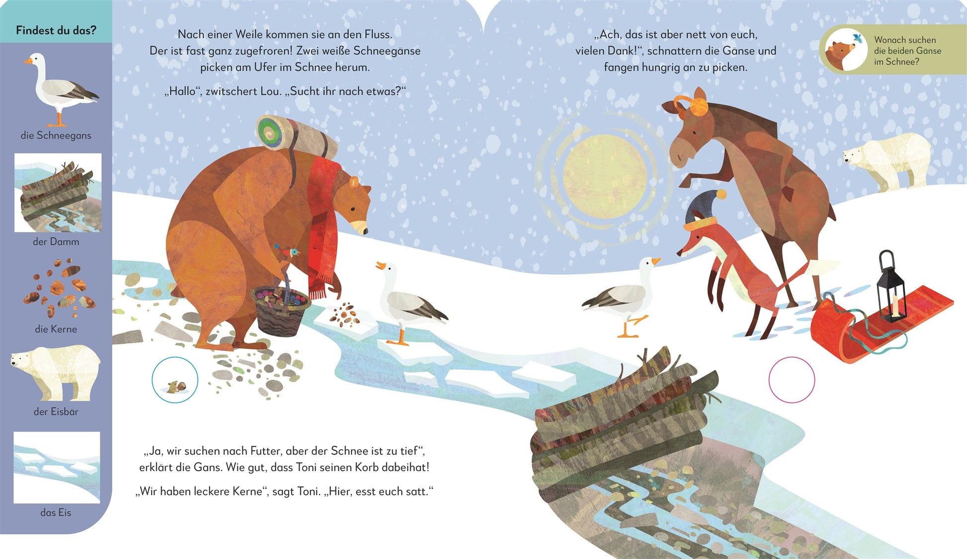 In "Toni & Lou. Eine Nacht im Winterwald" aus dem DK Verlag treffen sich ein Bär und zwei Kraniche an einem verschneiten Fluss - der eine auf Eis, der andere mit einem Schlitten - perfekt für Fans von interaktiven Suchbildern und Suchbuch Kinder Abenteuer.