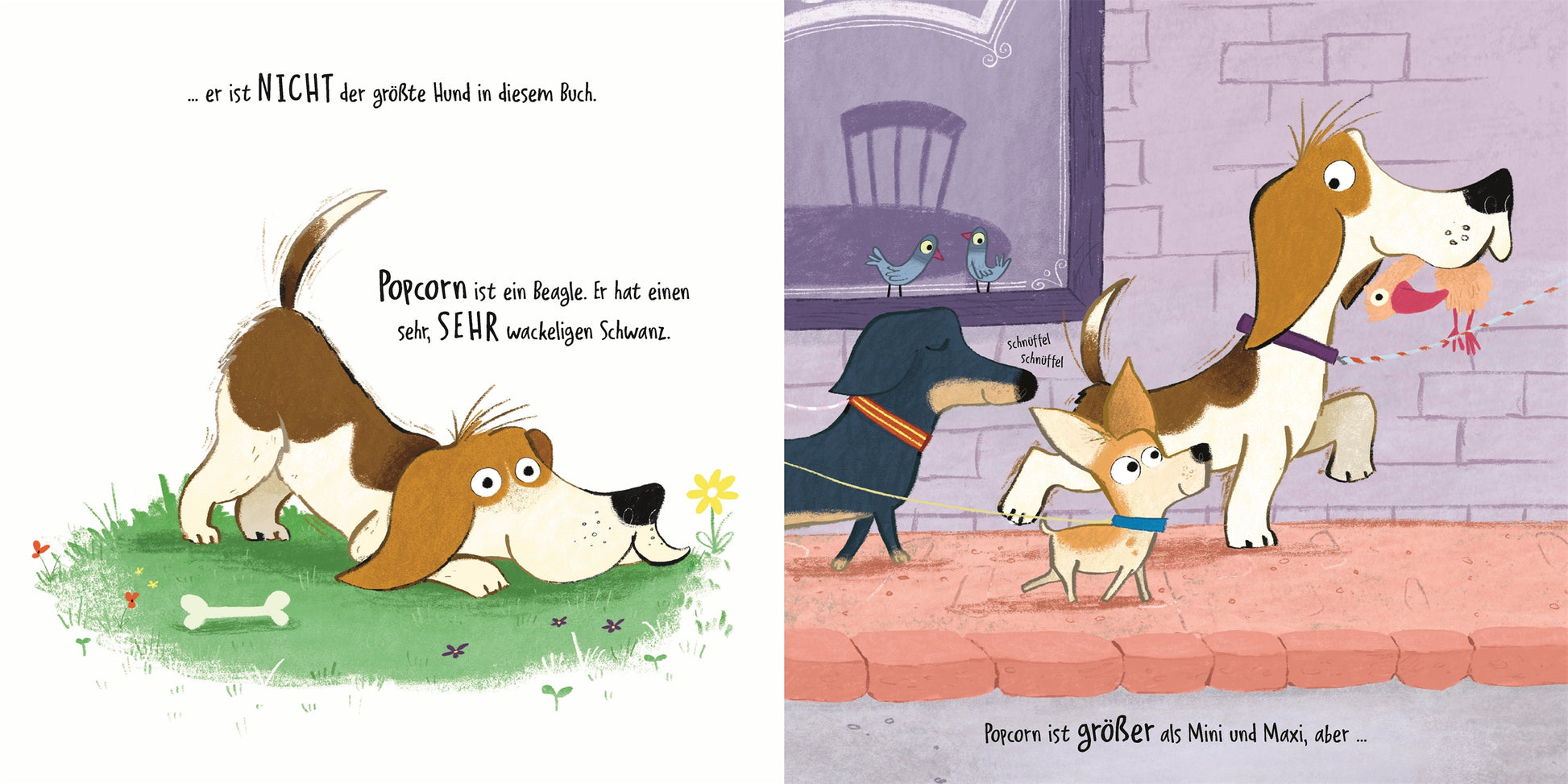 Charmantes Hunde Bilderbuch von DK-Verlag: In "Wau, wau, WAU! Wer ist der größte Hund" schnüffelt ein Basset Hound am Gras und spaziert mit Dackel, Chihuahua und Beagle an Leinen-ideal für Gute-Nacht-Geschichten.