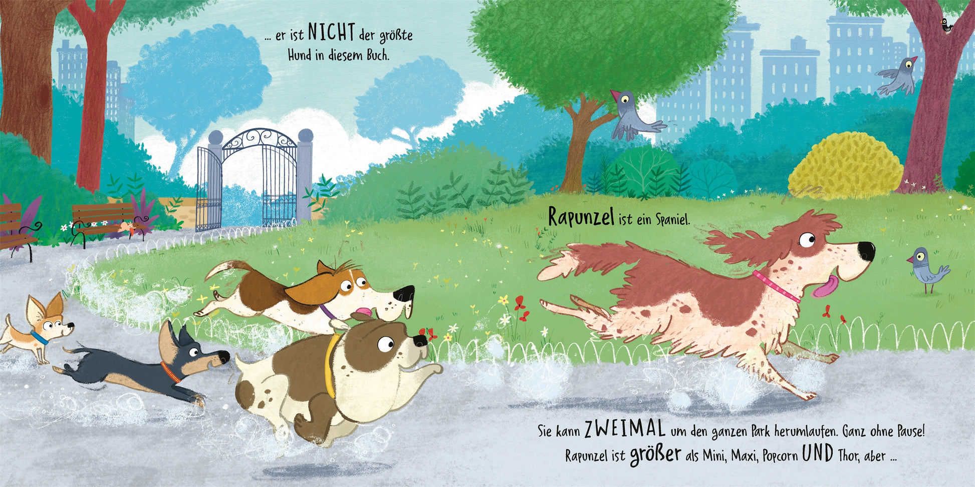In "Wau, wau, WAU! Wer ist der größte Hund" aus dem DK-Verlag rasen Hunde durch einen Park und jagen Rapunzel, wobei Bäume und Bänke im Blickfeld sind. Dieses entzückende Hunde Bilderbuch mit spielerischen deutschen Texten ist ideal als Bilderbuch für Kinder oder für Gute-Nacht-Geschichten.