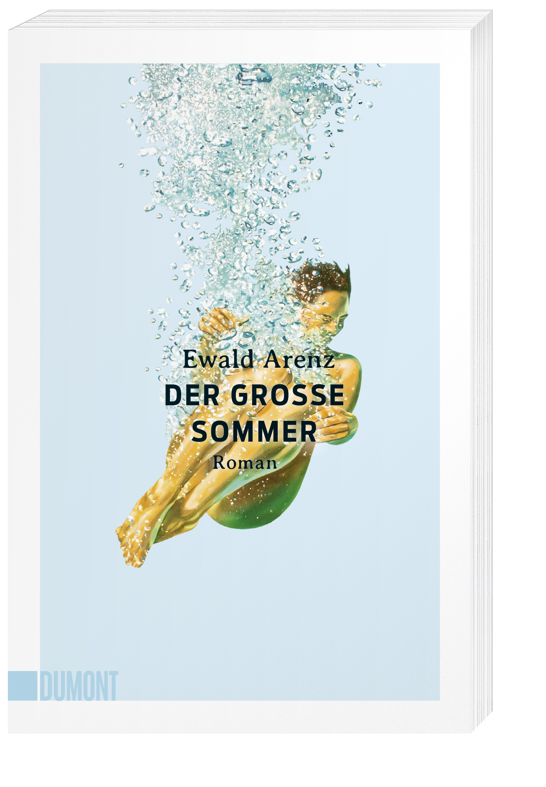 Buchcover von „Der große Sommer“ vom Dumont Verlag: zeigt eine Person unter Wasser mit Blasen auf hellblauem Hintergrund – ein echtes Lieblingsbuch für den Sommer.