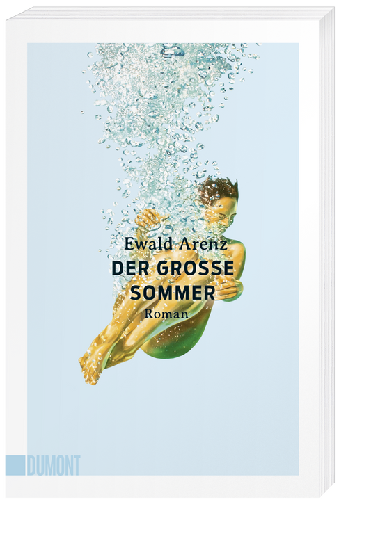 Buchcover von „Der große Sommer“ vom Dumont Verlag: zeigt eine Person unter Wasser mit Blasen auf hellblauem Hintergrund – ein echtes Lieblingsbuch für den Sommer.