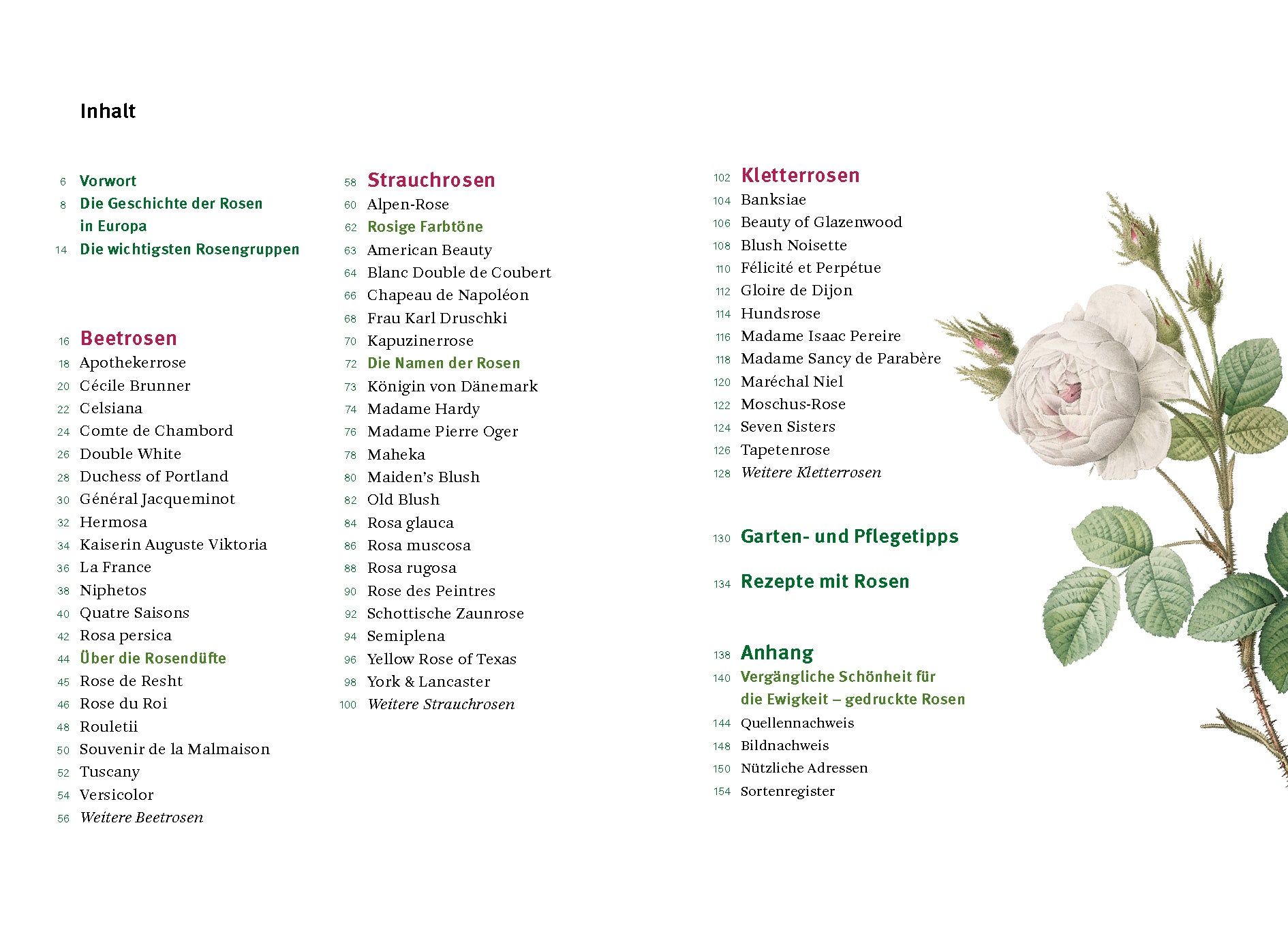 Dreispaltiges Inhaltsverzeichnis in deutscher Sprache mit Auflistung der Rosensorten und Gartenbuchthemen für „Historische Rosen“ vom Dumont Verlag, daneben rechts eine Abbildung einer weißen Rose mit grünen Blättern.