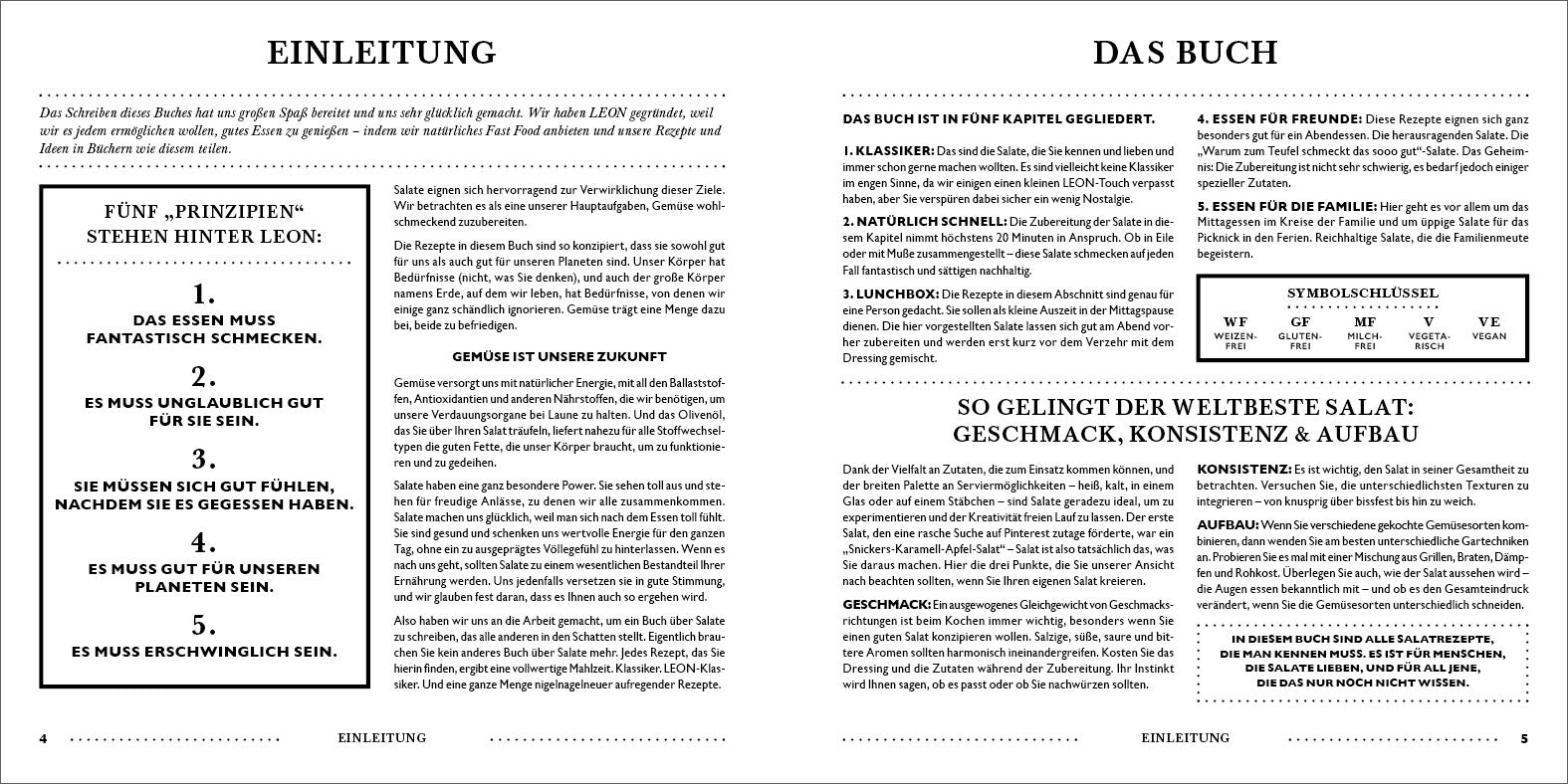 Eine Doppelseite aus LEON. Hundert Salate vom Dumont Verlag, auf Deutsch: Die linke Seite stellt fünf Ernährungsprinzipien und LEON vor; die rechte Seite enthält Kapitelübersichten und einen Leitfaden mit leckeren Salaten und Rezepten.