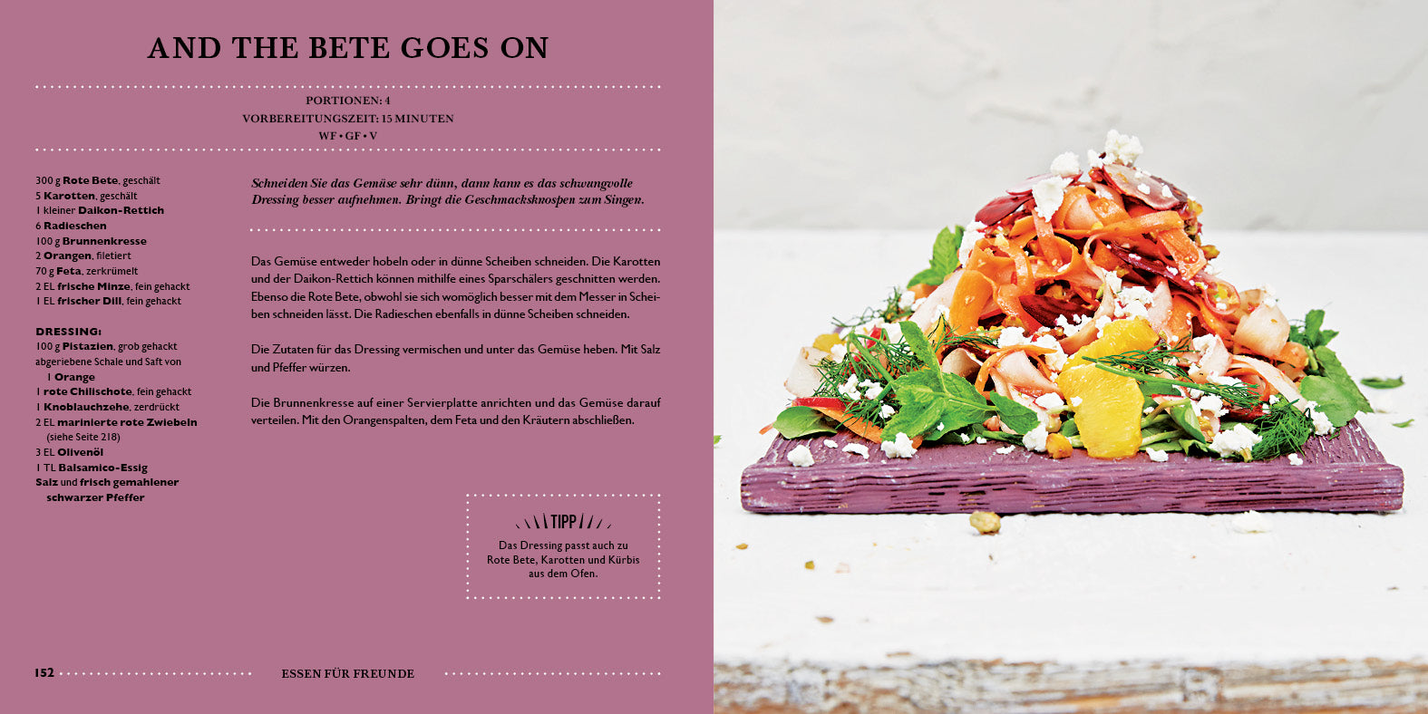 Eine Rezeptseite aus LEON. Hundert Salate. vom Dumont Verlag zeigt einen Rote-Bete-Salat mit buntem Gemüse und Feta auf einem lila Teller. Deutsche Rezepte und Anleitungen finden Sie links unter der Überschrift UND DIE BETE GEHT WEITER.