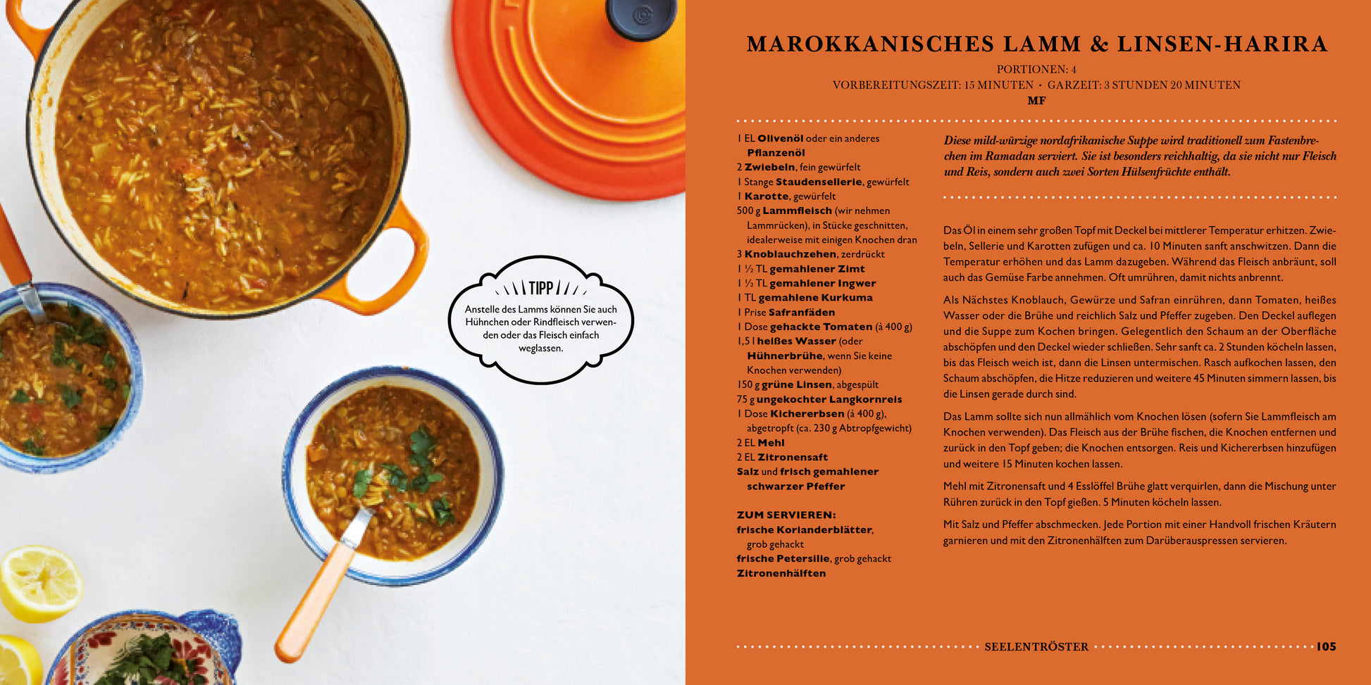 Das LEON. Hundert Suppen. aus dem Dumont Verlag zeigt marokkanische Lamm- und Linsen-Harira Suppe im Dutch Oven und in der Schüssel mit Zitronenscheiben und Löffel sowie ein deutsches Rezept mit orangefarbenen Akzenten.