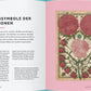 Eine Doppelseite aus "Rosen - Die Geschichte der Rosen" aus dem Gerstenberg Verlag zeigt auf der linken Seite den deutschen Titel Rosensymbole der Religionen mit Text und auf der rechten Seite eine mittelalterliche Illustration von zwei rosa Rosen - Symbole für Parfüm und Kultur.