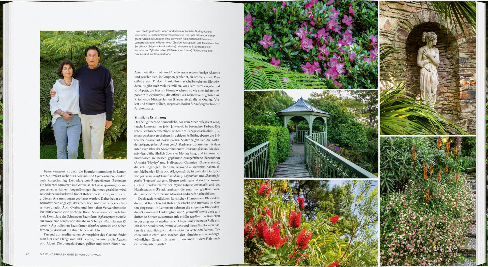 Eine Doppelseite aus "Die wunderbaren Gärten von Cornwall" des Gerstenberg Verlags zeigt links ein Paar mit deutschem Text, während die rechte Seite leuchtende Fotos von Blumen und Grünpflanzen zeigt, die den Reiz englischer Gärten und Cornwalls hervorrufen.