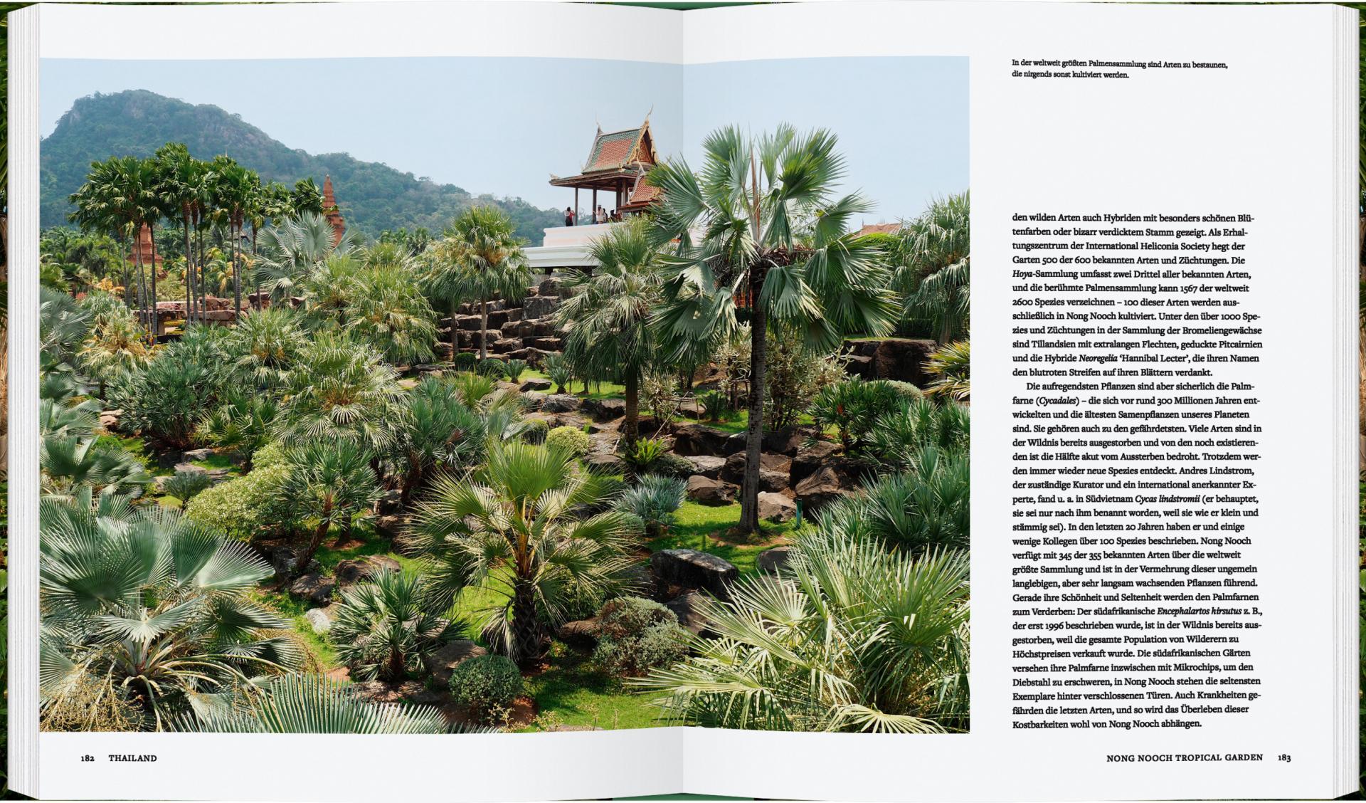 „Botanische Gärten“ vom Gerstenberg Verlag zeigt einen üppigen tropischen Garten mit Palmen, Pflanzen, Felsen, grünen Hügeln und einem traditionellen thailändischen Pavillon mit rotem Dach vor blauem Himmel.