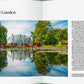 Eine Doppelseite aus „Botanische Gärten“ des Gerstenberg Verlags präsentiert den Missouri Botanical Garden und hebt seinen Glaskonservatorium, die üppigen Gärten, Statuen und Teichspiegelungen mit beschreibendem Text auf weißem Hintergrund hervor.