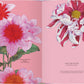 Eine farbenfrohe Seite aus Blüten vom Gerstenberg Verlag zeigt auffällige rosa und rote Dahlien mit einer weiß-rosa Chrysantheme auf einem kräftigen rosa Hintergrund - ein perfektes Geschenk für Blumenliebhaber.