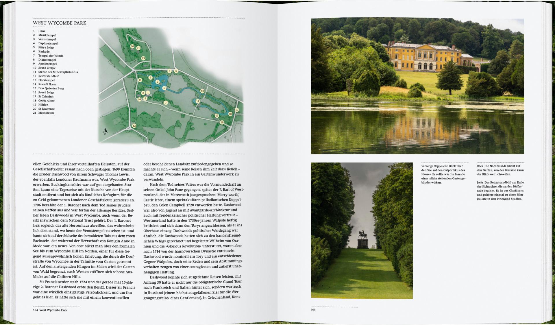Eine Doppelseite aus dem Buch "Englische Landschaftsgärten" des Gerstenberg Verlags zeigt links eine Karte und einen Text über den West Wycombe Park, darüber Fotos eines Herrenhauses am See und darunter eine Statue auf einem von Bäumen gesäumten Weg - ideal für jedes Landschaftsgarten-Fotobuch.