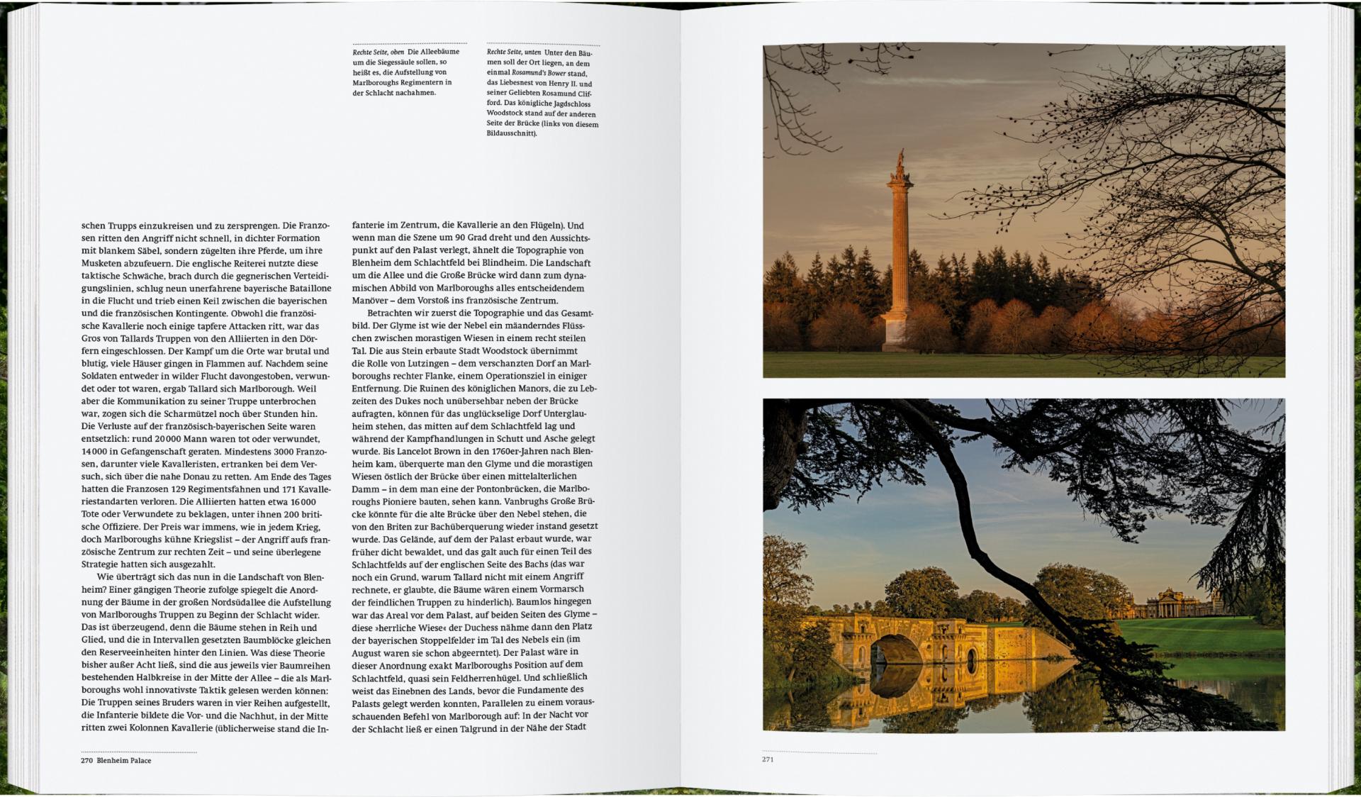 Eine Doppelseite aus "Englische Landschaftsgärten" vom Gerstenberg Verlag zeigt einen deutschen Text über Gartenkunst in England und zwei Landschaftsfotos: einen Obelisken bei Sonnenuntergang zwischen Bäumen und eine alte Steinbrücke über einen ruhigen See.