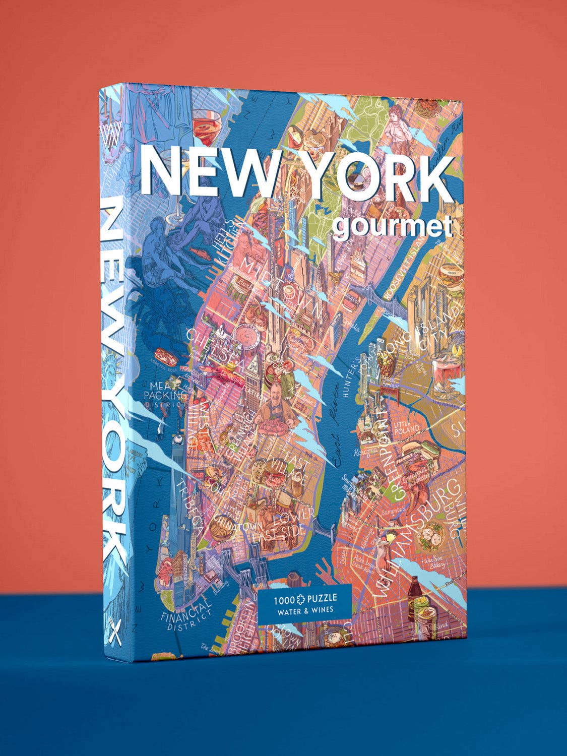 Das Gourmet-Puzzle von Water & Wines - New York zeigt einen illustrierten Stadtplan, der das kulinarische Erbe von New York feiert. Die Schachtel steht aufrecht vor einer blauen Oberfläche und einem roten Hintergrund.