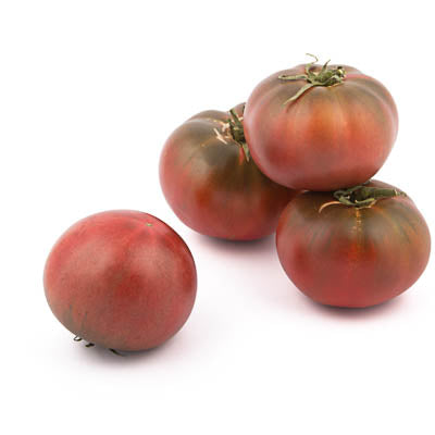 Vier Tomaten der Sorte Arche Noah | Fleischtomate 'Lila Sari' mit dunkelrot-violetter Haut und grüner Spitze sind auf weißem Hintergrund zu sehen, drei übereinander gestapelt und eine einzeln davor platziert.