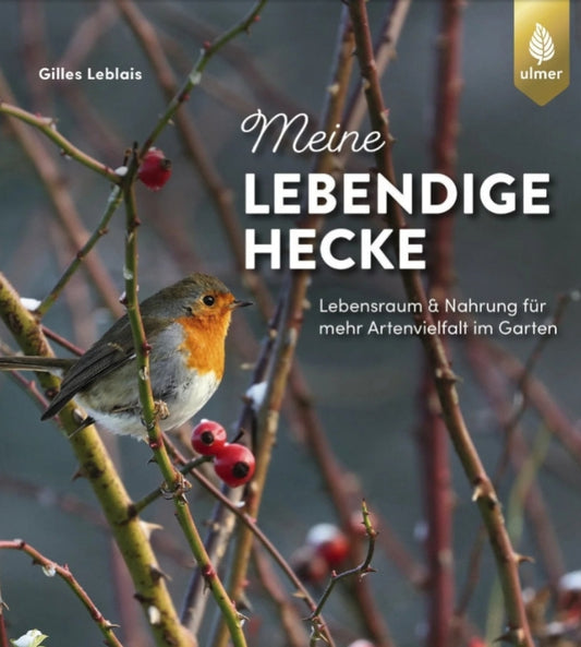 Ein Rotkehlchen sitzt auf einem Beerenzweig. Das Titelbild zeigt "Meine lebendige Hecke" vom Verlag Eugen Ulmer, über Gartenhecken als Lebensraum für Tiere und Nahrungsquelle zur Förderung der Artenvielfalt.