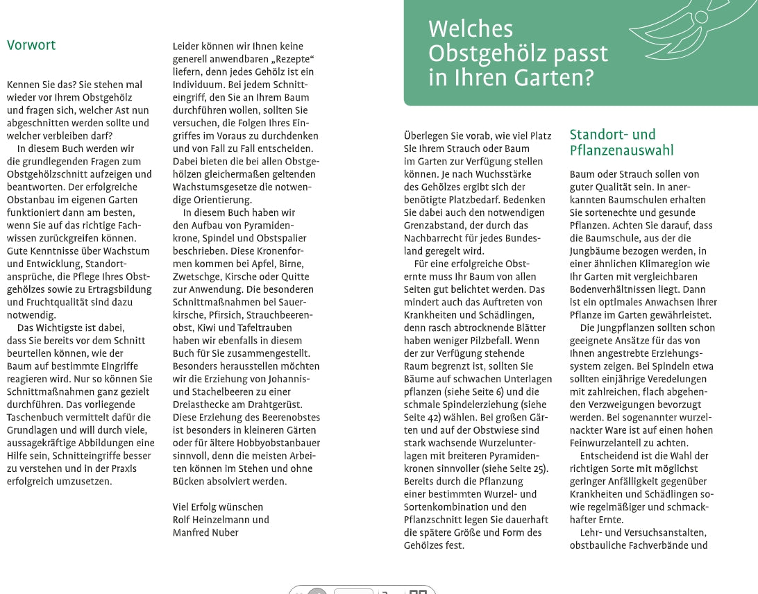 Eine Seite aus dem Gartenbuch "1x1 des Obstbaumschnitts" des Verlags Eugen Ulmer zeigt grün unterlegte Überschriften und Textspalten über Obstbäume und gibt Tipps zum Schnitt und zur Pflege von Apfelbäumen.