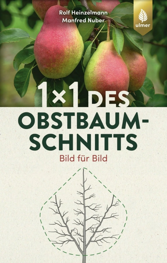 Das Cover des 1x1 des Obstbaumschnitts vom Verlag Eugen Ulmer zeigt reife Birnen an einem Baum, den Titel, ein illustriertes Obstbaumdiagramm als visuelle Schnittanleitung sowie die Namen der Autoren und das Ulmer-Logo am oberen Rand.