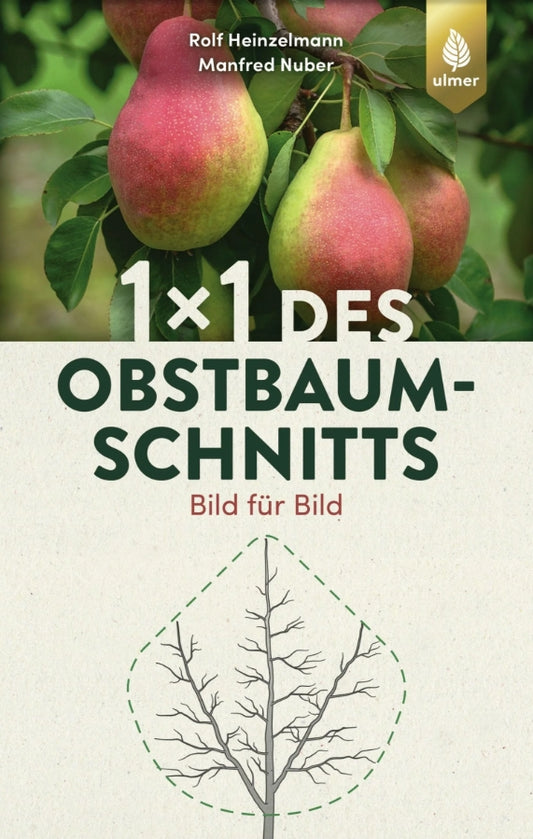 Das Cover des 1x1 des Obstbaumschnitts vom Verlag Eugen Ulmer zeigt reife Birnen an einem Baum, den Titel, ein illustriertes Obstbaumdiagramm als visuelle Schnittanleitung sowie die Namen der Autoren und das Ulmer-Logo am oberen Rand.