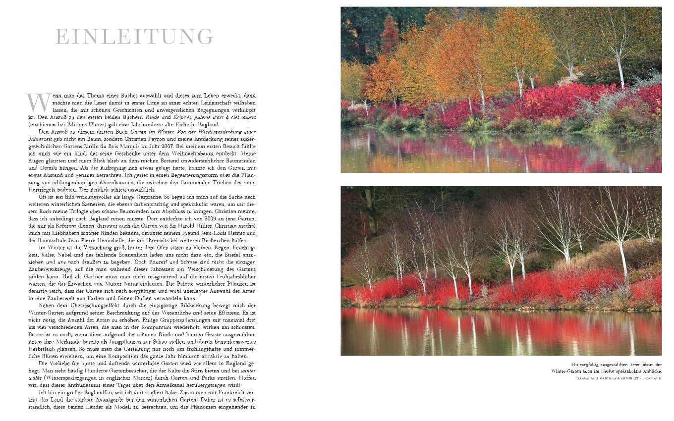Eine Seite aus "Gärten im Winter" vom Verlag Eugen Ulmer zeigt links unter EINLEITUNG einen deutschen Text und rechts zwei herbstliche Landschaftsfotos mit bunten Bäumen und Sträuchern, die sich in einem ruhigen See spiegeln.