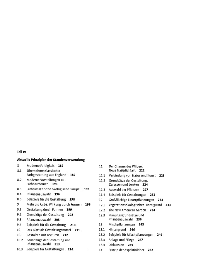 Das Inhaltsverzeichnis von „Neue Staudenverwendung“ (Verlag Eugen Ulmer) ist auf Deutsch und listet Abschnittstitel wie Farbgestaltung, Staudenpflanzungen, Gartenprinzipien, Gestaltungsmöglichkeiten und Anwendungsbeispiele mit Seitenzahlen auf.