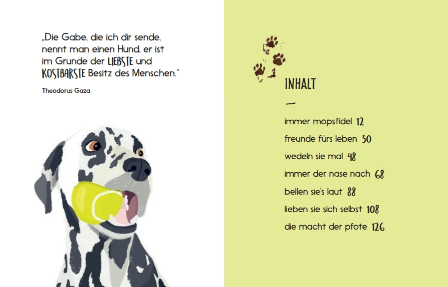 Be More Dog" vom Gerstenberg Verlag zeigt links einen Dalmatiner mit einem grünen Tennisball, darüber ein Vierbeiner-Zitat und rechts ein Kapitel-Inhaltsverzeichnis mit Pfotenabdrücken auf hellgelbem Grund.