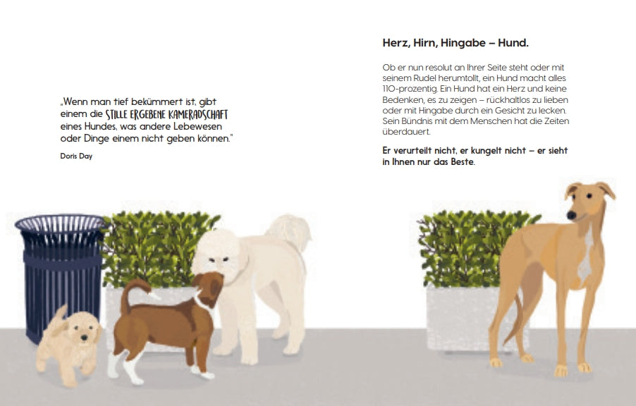 Drei Hunde stehen auf einem Gehweg in der Nähe eines Mülleimers, einer beschnüffelt den Rücken des anderen. Hinter ihnen wirbt ein deutscher Text über die Treue von Vierbeinern und ihre Kameradschaft für "Be More Dog" vom Gerstenberg Verlag.