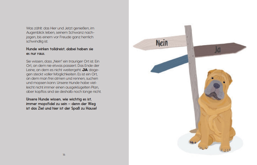 Ein Cartoon-Hund aus "Be More Dog" vom Gerstenberg Verlag sitzt neben einem hölzernen Wegweiser mit den Pfeilen Nein und Ja. Links steht deutscher Ratgeber-Text, der Hintergrund ist hellgrau.