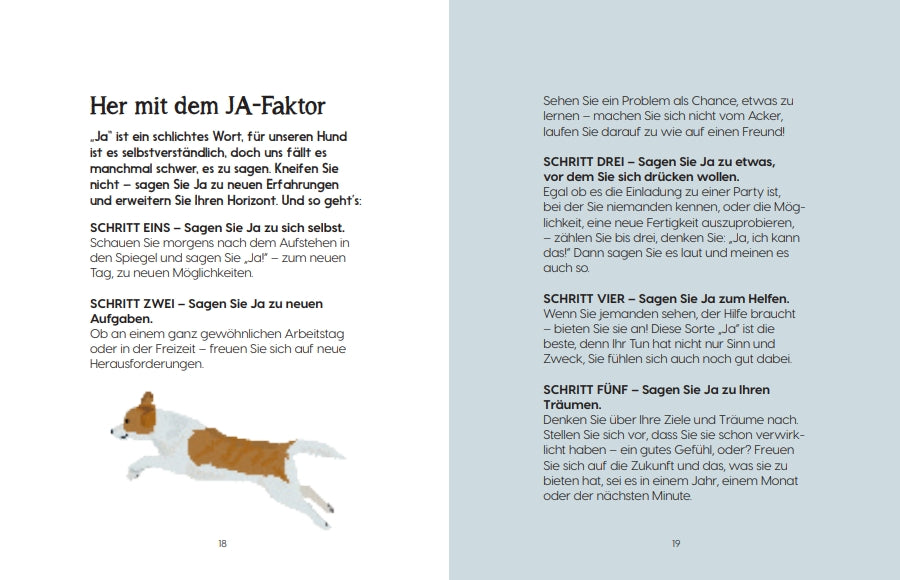 Eine weiße Seite aus "Be More Dog" vom Gerstenberg Verlag zeigt deutsche Ratgeber-Tipps zur Positivität in nummerierten Schritten, mit einer Illustration eines springenden braun-weißen Hundes unten links. Der Hintergrund ist in weißen und hellgrauen Tönen gehalten.