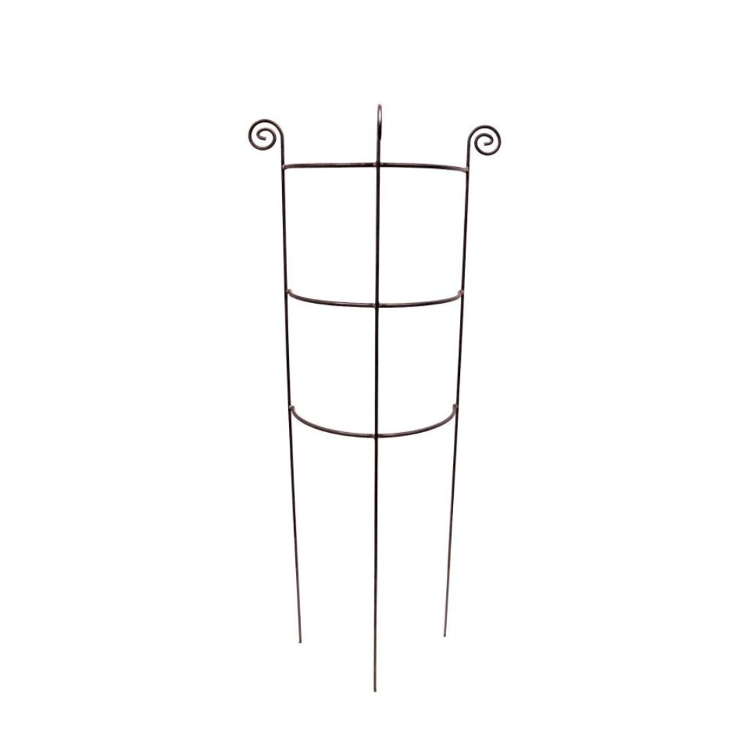 Der Hirsch Staudenhalter/Rankhilfe HUGO halbrund ist aus schwarzem Metall gefertigt, 45 cm breit, hat zwei kreisförmige Ringe, vier vertikale Pfähle und dekorative Spiralen an der Spitze, die isoliert auf weißem Hintergrund abgebildet sind.