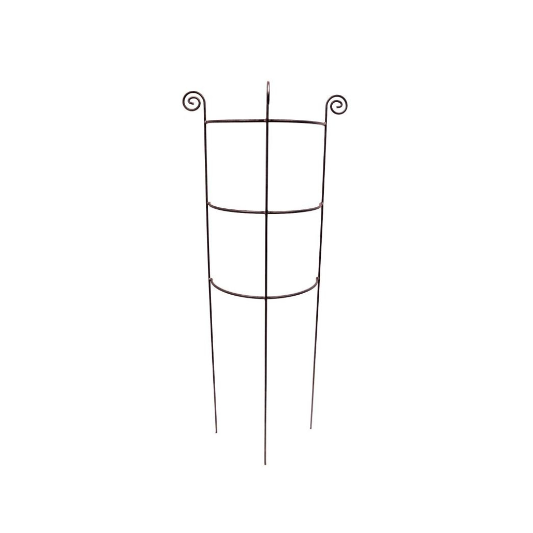 Der Hirsch Staudenhalter / Rankhilfe HUGO halbrund zeigt zwei kreisförmige Ringe und spiralförmige Spitzen, die aufrecht vor einem weißen Hintergrund stehen. Maße: Tiefe 22 cm, B45 cm, H90 cm.