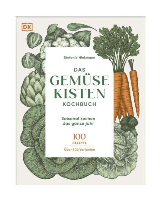 Cover von Das Gemüsekisten Kochbuch des DK Verlags mit Abbildungen von Karotten, Kohl, Artischocken und Brokkoli rund um den deutschen Titel - ideal für saisonale Kistenrezepte und kreative Gemüseverwendung.