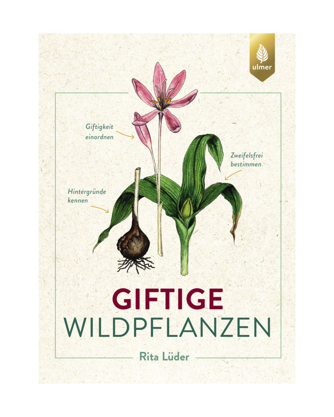 Umschlag von "Giftige Wildpflanzen | Hilfreiches Wissen zum Umgang mit Giftpflanzen und Pflanzengiften" vom Ulmer Verlag, zeigt eine rosafarbene Wildblume mit grünen Blättern und Zwiebel, sowie deutsche botanische Etiketten.