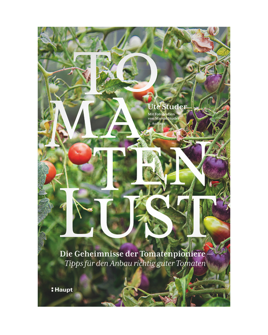 Das Cover von "Tomatenlust | Die Geheimnisse der Tomatenpioniere" vom Haupt Verlag zeigt reife Tomatenpflanzen. Der deutsche Text enthält Expertentipps für den Anbau und die Pflege von Tomaten sowie Informationen über einzigartige Sorten von Ute Studer.