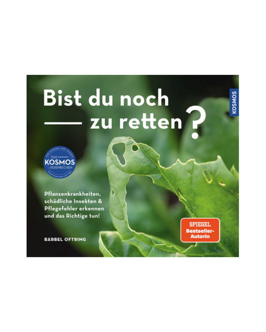 Das Buch "Bist du noch zu retten? | Pflanzenkrankheiten, schädliche Insekten & Pflegefehler" aus dem Kosmos Verlag zeigt auf dem Cover ein grünes Blatt mit Löchern und gibt Tipps zu Pflanzenkrankheiten, Schädlingen und Pflege.