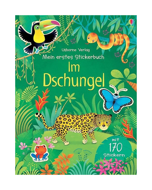 Das Cover von "Mein erstes Stickerbuch: Im Dschungel" vom dtv Verlag, das bunte Regenwaldtiere wie einen Tukan, eine Schlange, einen Leoparden, einen Schmetterling und einen Frosch zwischen üppigen Pflanzen zeigt. Perfekt für Kinder und mit über 170 Stickern.