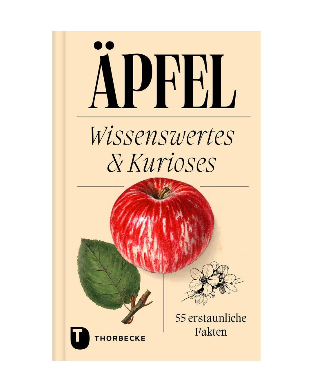 Buchcover "Äpfel | Wissenswertes & Kurioses" von Thorbecke Verlag mit Illustration einer roten Apfelsorte, grünem Blatt und schwarz-weißer Blüte. Untertitel: 55 erstaunliche Fakten.
