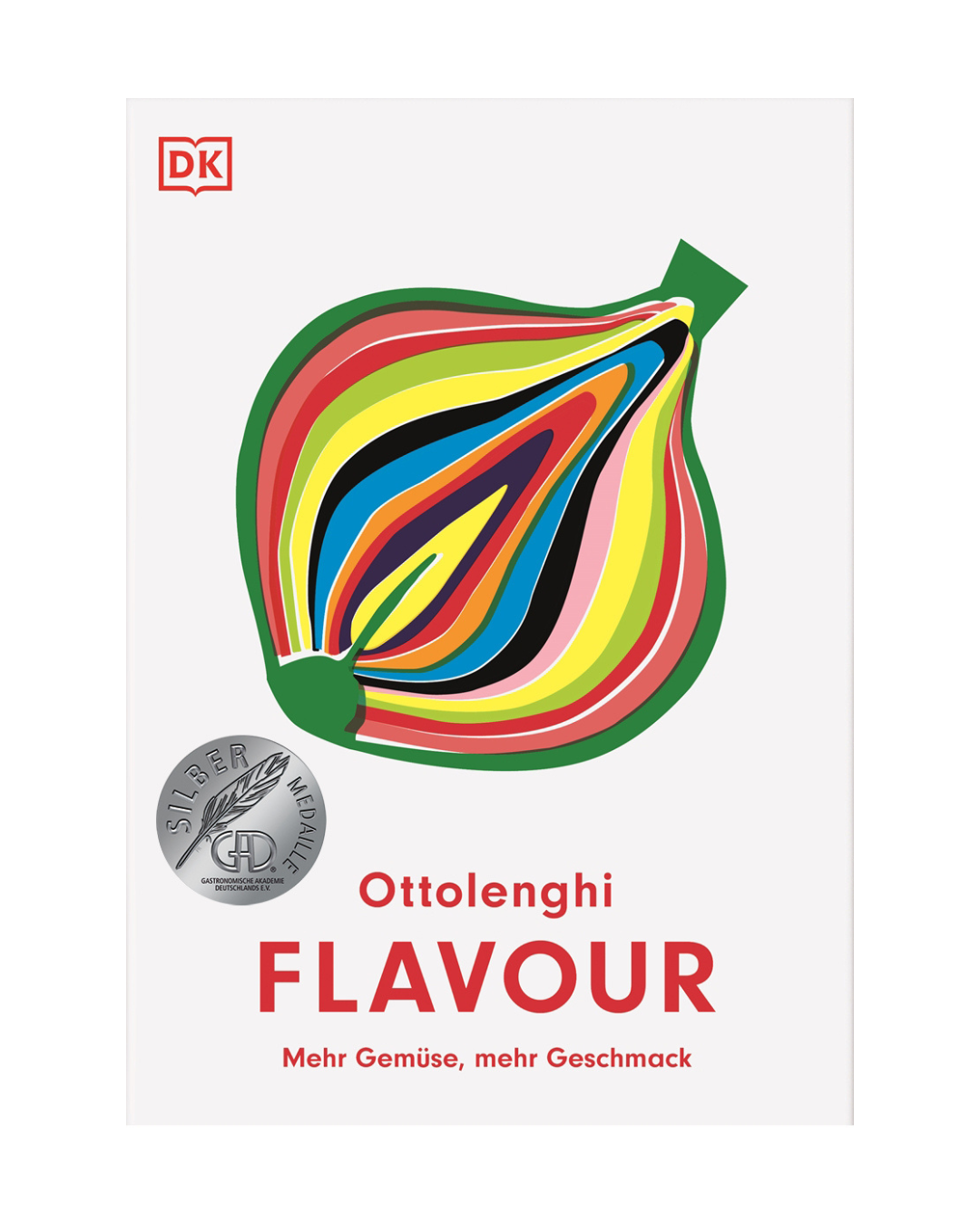 Das Cover von Flavour | Rezepte, die begeistern und inspirieren aus dem DK Verlag zeigt eine bunte Zwiebelgrafik, ein silbernes Award-Siegel und den Untertitel "Mehr Gemüse, mehr Geschmack" - ideal für Fans der kreativen Gemüseküche.